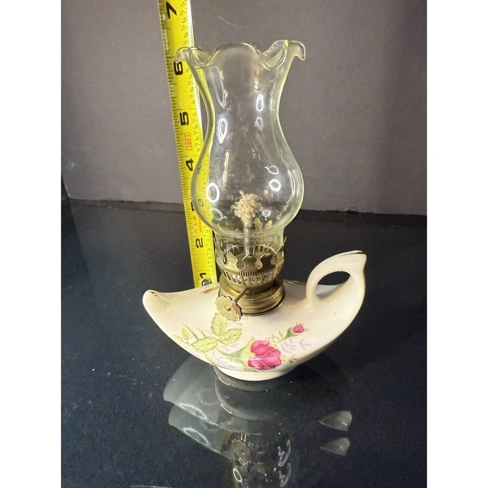 Vintage‎ Miniature Porcelain Oil Lamp w/ Roses Floral Design 6.75